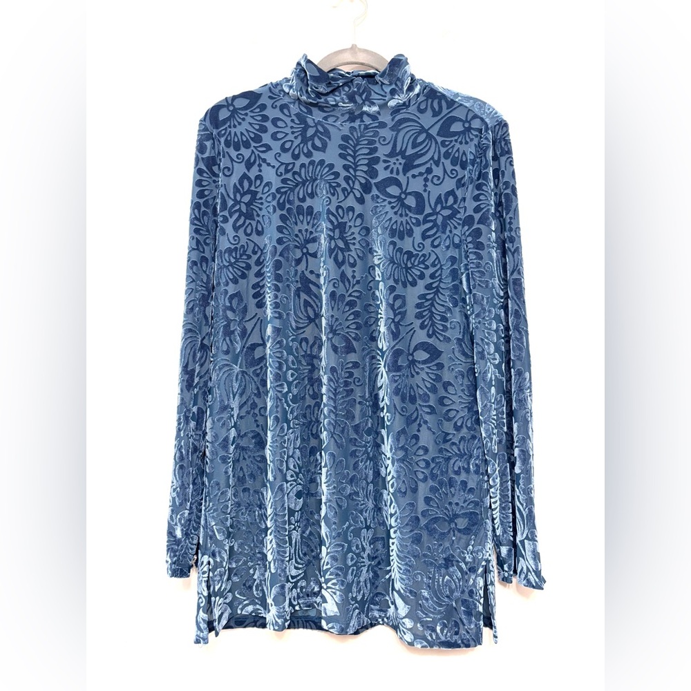 Soft Surroundings Velvet Burnout Mock Turtleneck Tunic Top Shimmery Teal Large